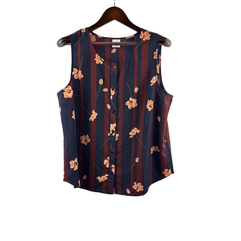 Women’s Cabi XL Navy & Maroon Floral Sleeveless Button Up Blouse